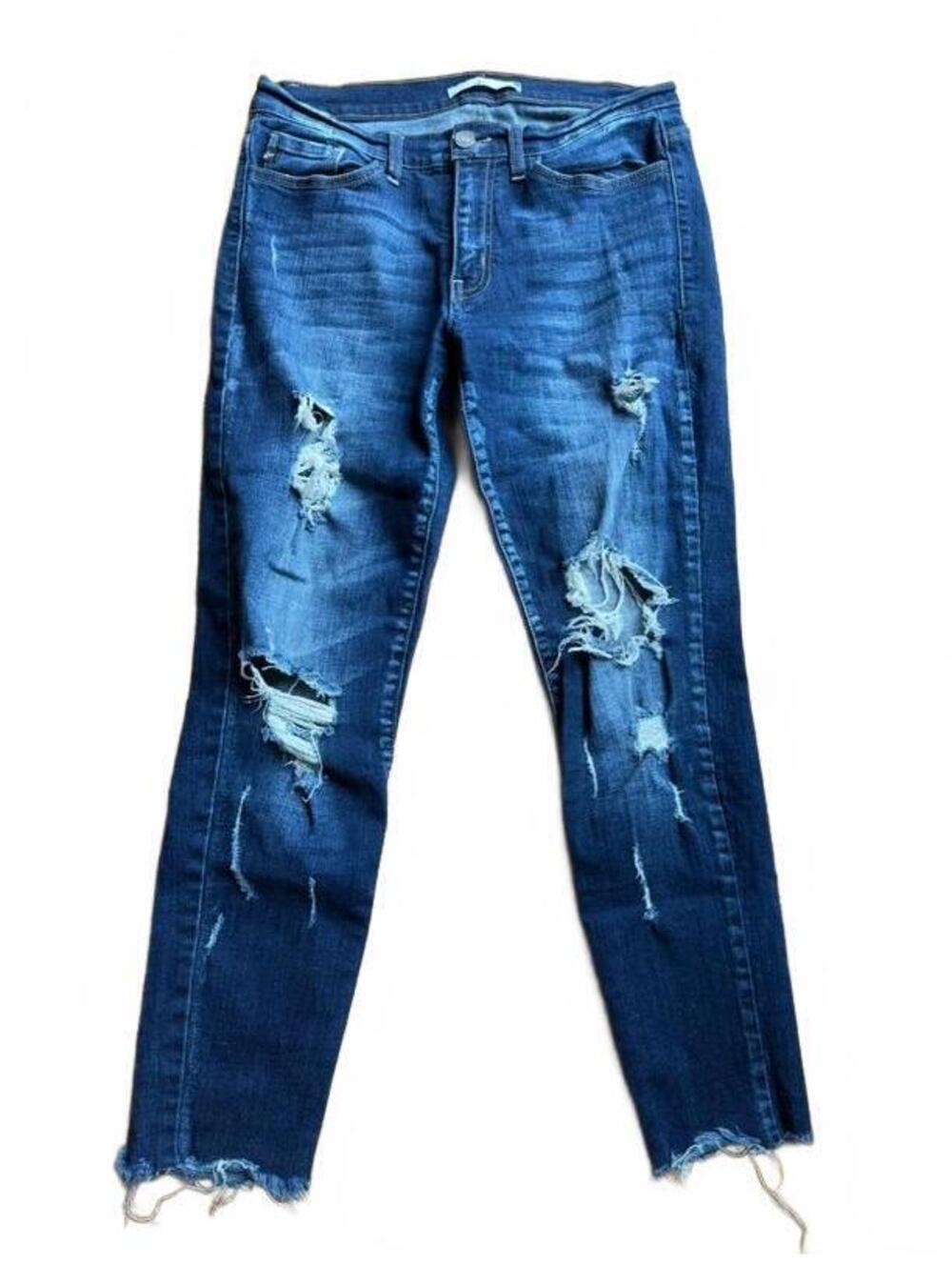 Distressed Blue Skinny Jeans with Raw Hem